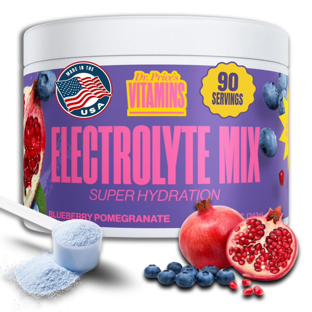 Dr. Price's Electrolytes powder in blueberry-pomegranate for convenient bulk hydration