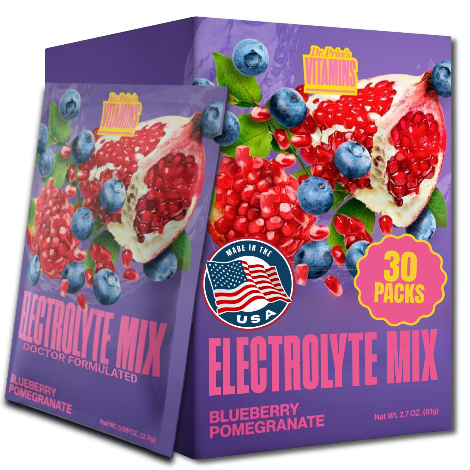 Dr. Price's Electrolytes blueberry-pomegranate packets dissolving in water for hydration