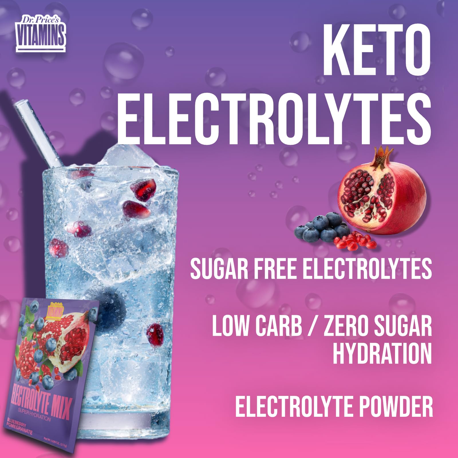 Close-up of Dr. Price's Electrolytes blueberry-pomegranate logo on box