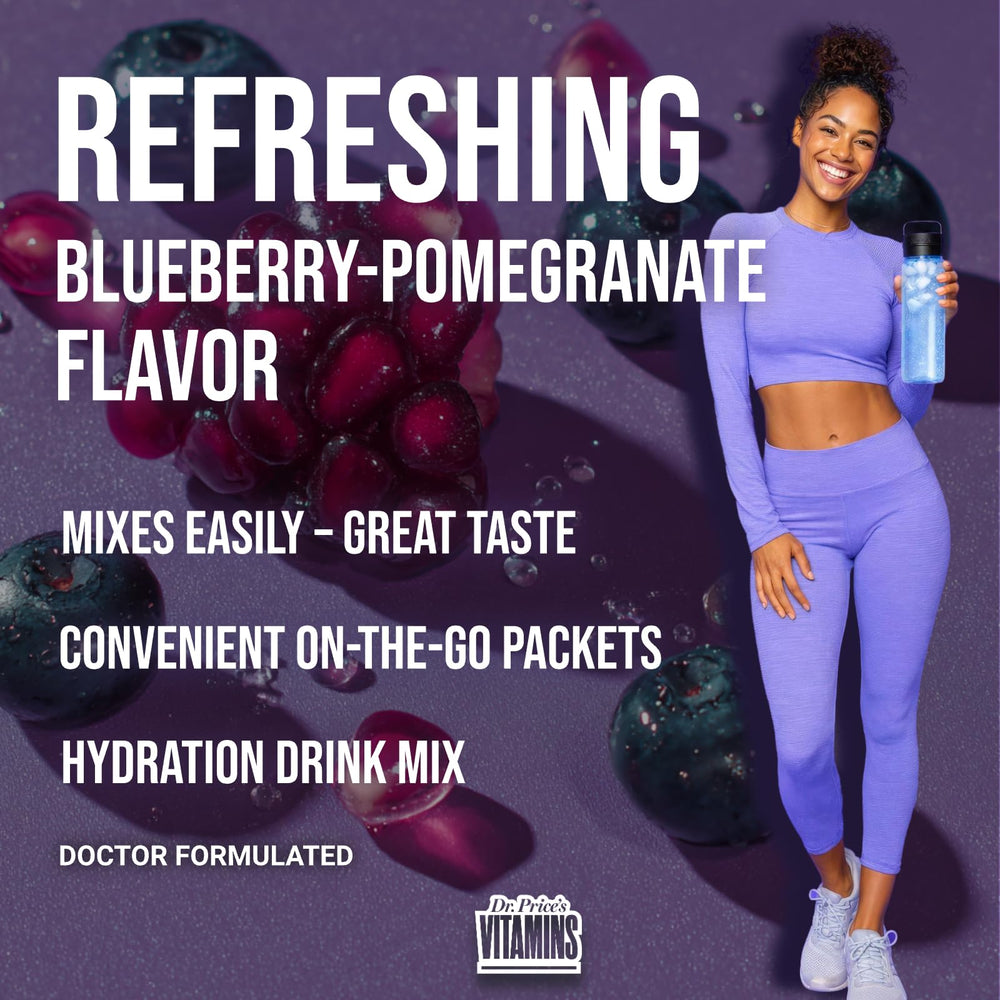 Travel-friendly Dr. Price's Electrolytes blueberry-pomegranate sachets in a bag