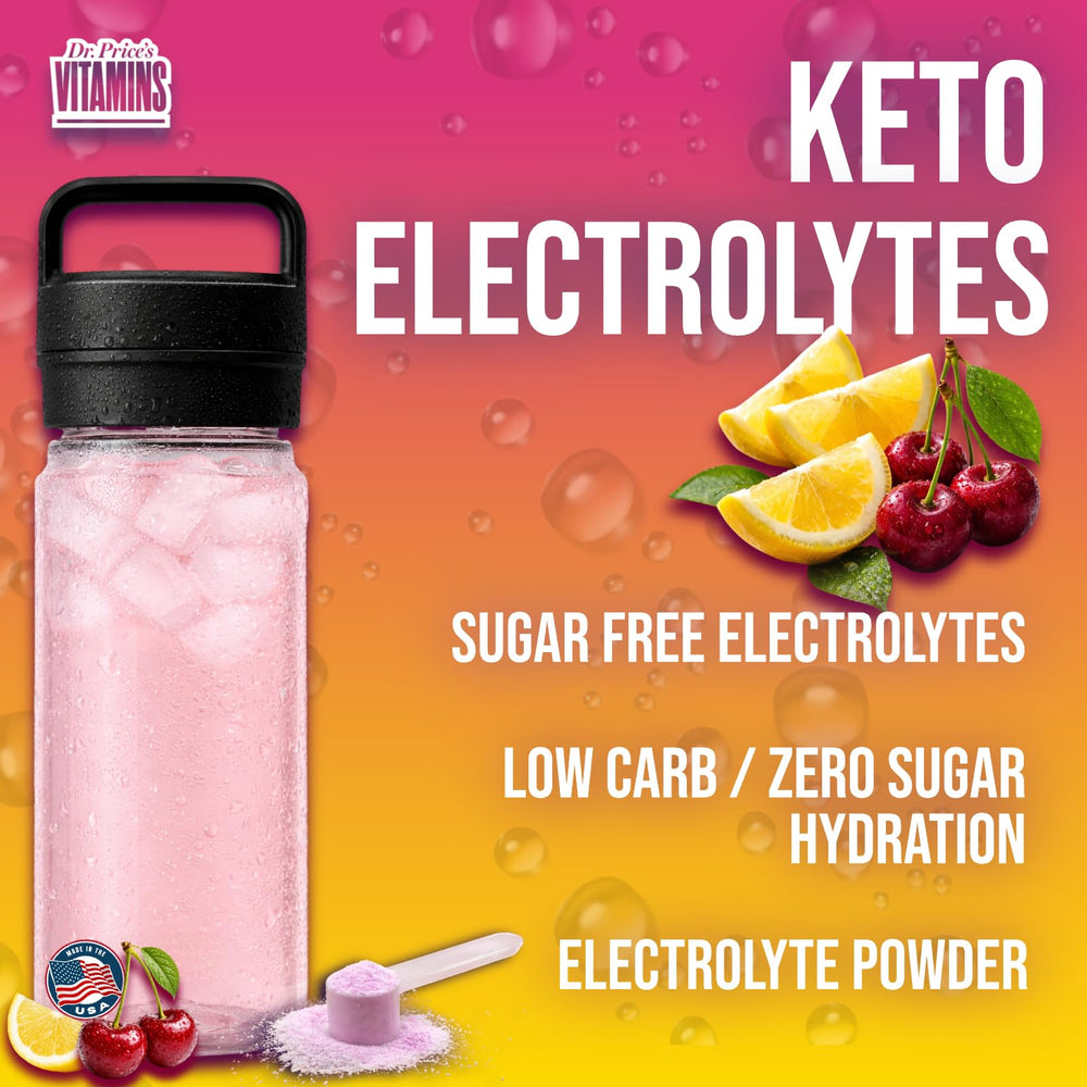 Dr. Price's Electrolytes powder tub on kitchen counter for daily hydration