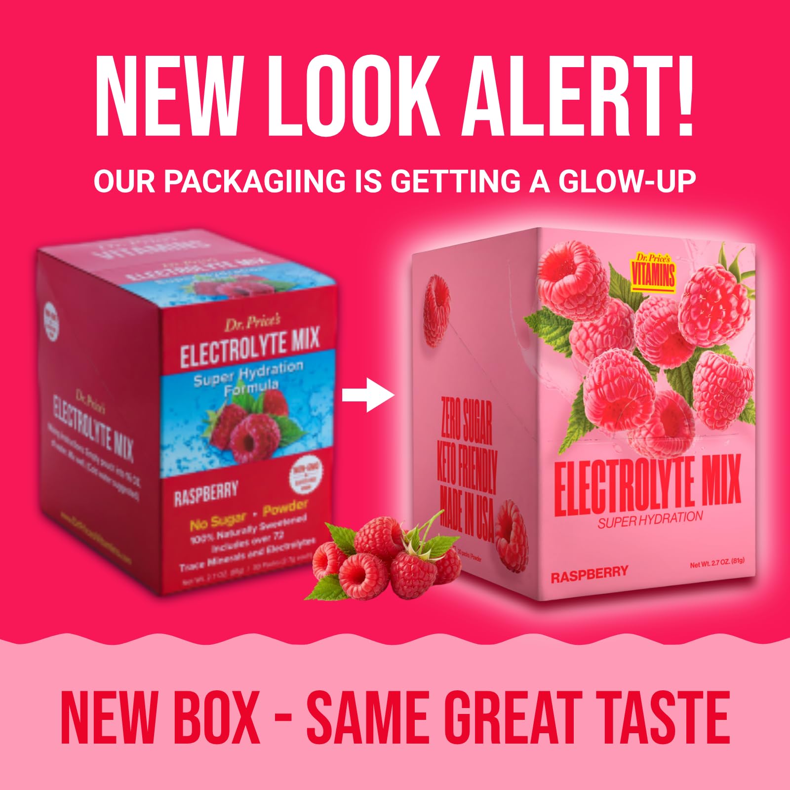 Dr. Price's Raspberry packets back view highlighting ingredients and sugar-free formula