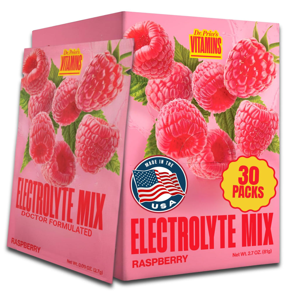 Dr. Price's Electrolytes Raspberry packets front view for fast hydration support