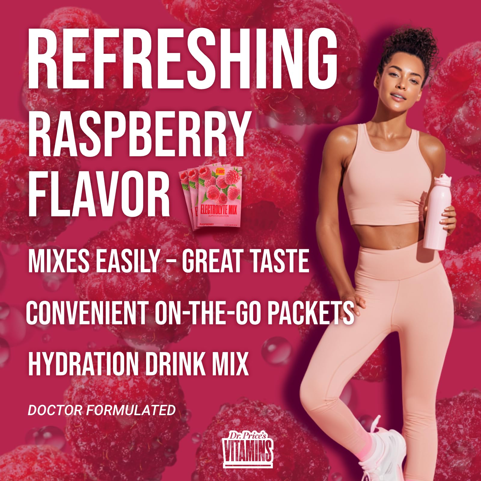 Dr. Price's Raspberry mix with a glass to emphasize convenient home or gym use