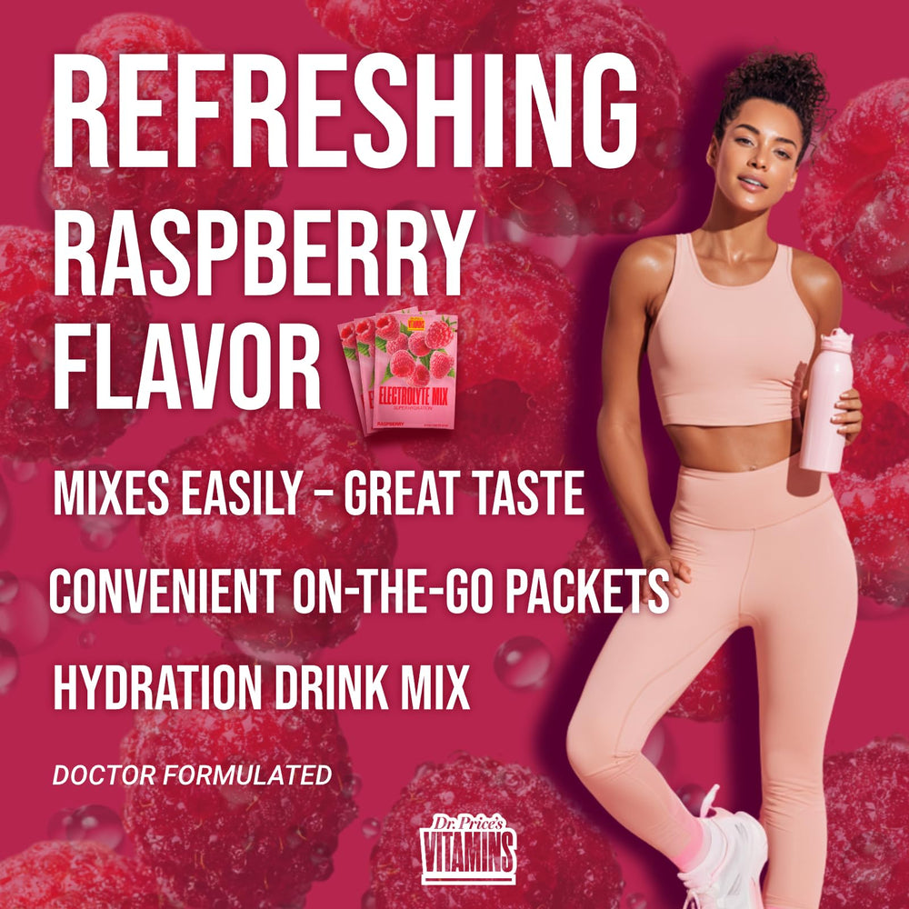 Dr. Price's Raspberry mix with a glass to emphasize convenient home or gym use