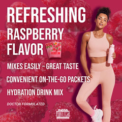 Dr. Price's Raspberry mix with a glass to emphasize convenient home or gym use