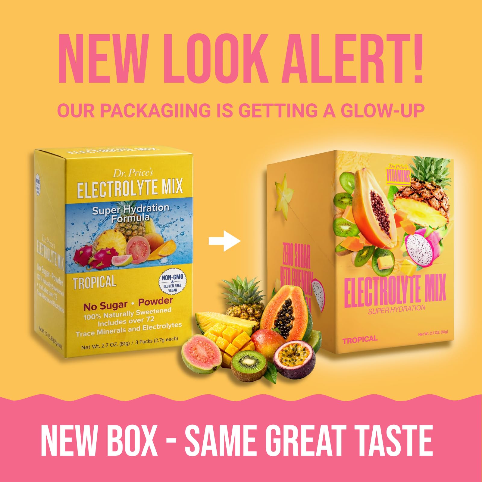 Dr Price's Electrolytes tropical packets back view showing packaging details