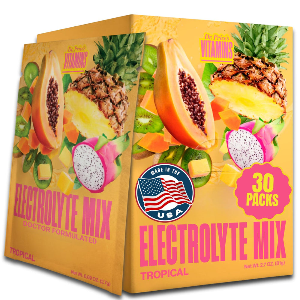 Dr Price's Electrolytes tropical packets front view for on-the-go hydration