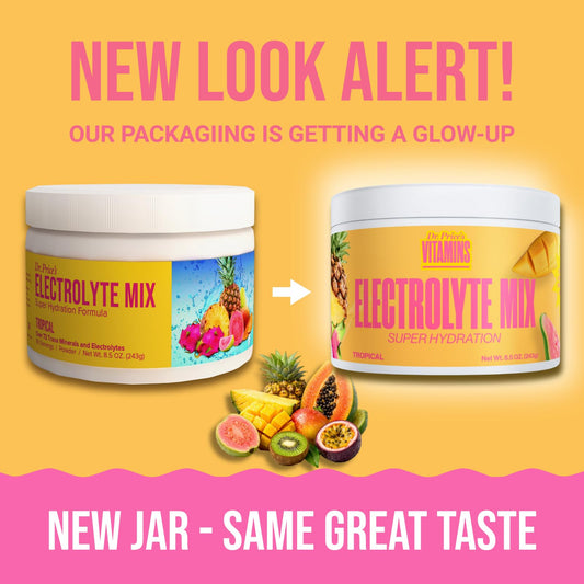 Dr. Price's Electrolytes Tropical packaging shows easy mixing for hydration.