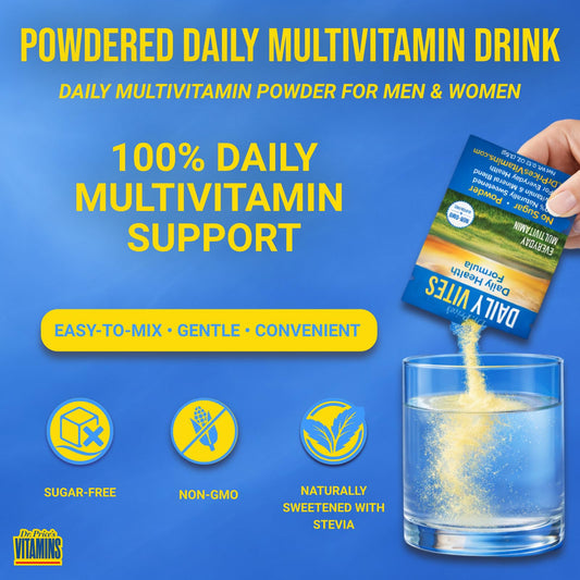 Dr Price's Vitamins Daily Vites to-go packet poured into water for quick mix.