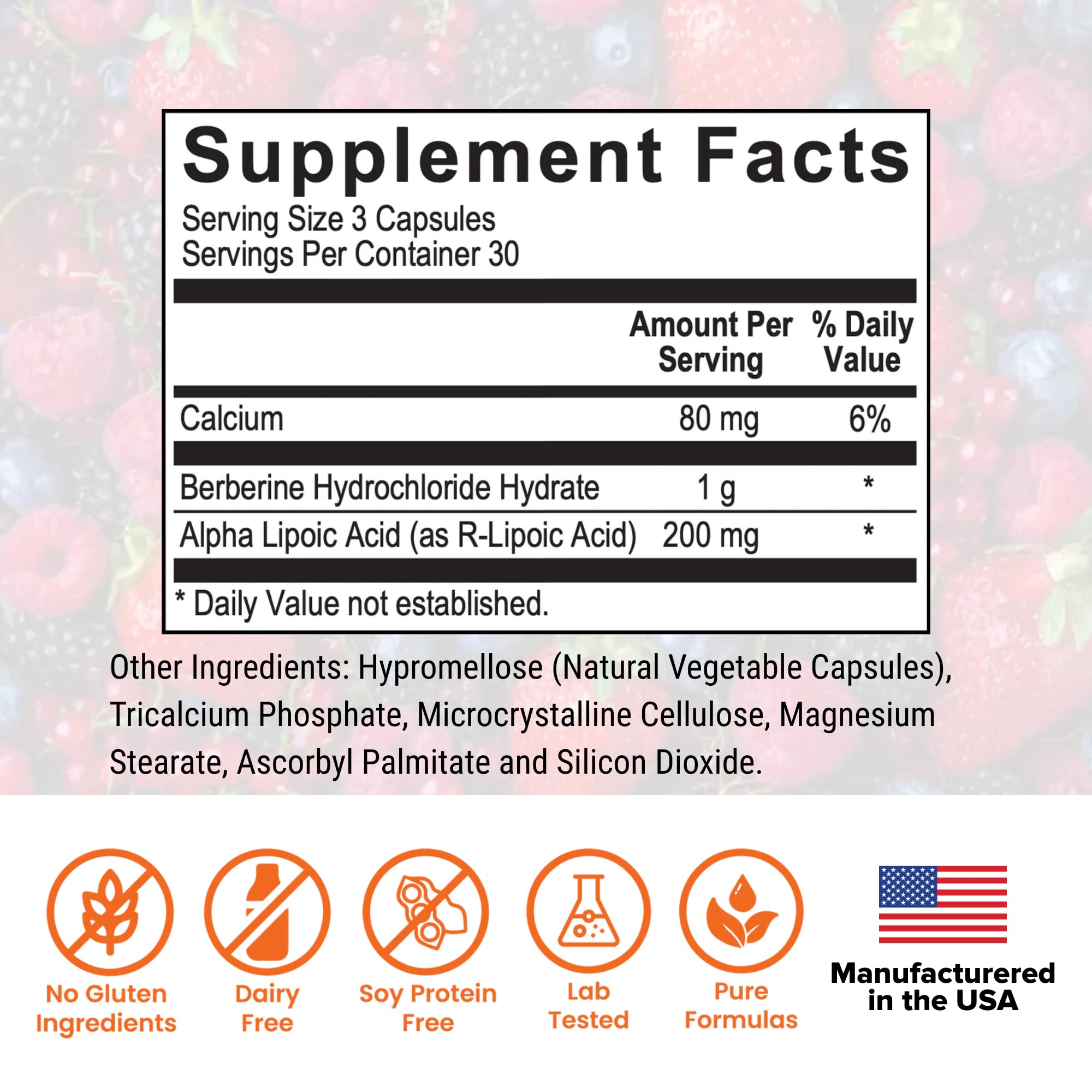 Closeup of Berberine Pro capsules highlighting high potency berberine with ALA.