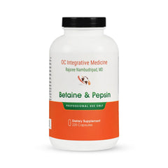 Dr. Rajsree OC Betaine & Pepsin bottle supports protein digestion after meals.