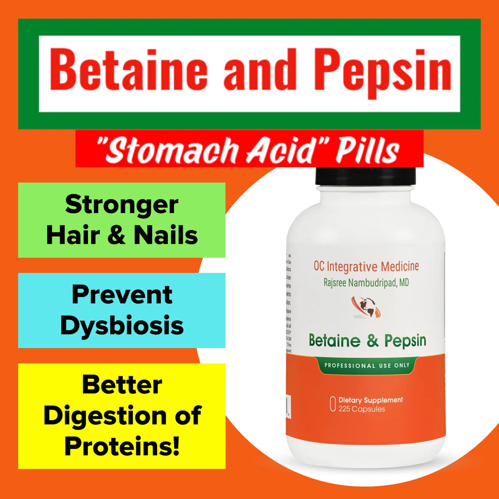 Capsules shown for Dr. Rajsree OC Betaine & Pepsin easy ingestion.