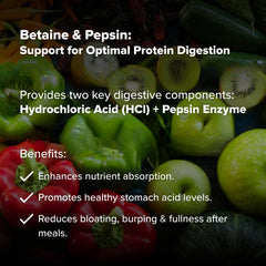 Gluten-free and dairy-free Dr. Rajsree Betaine & Pepsin capsules.