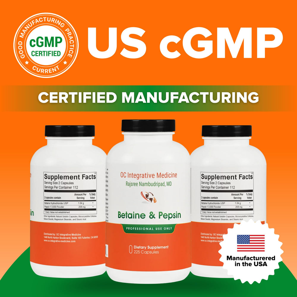 Label of Dr. Rajsree OC Betaine & Pepsin highlighting ingredients and usage.