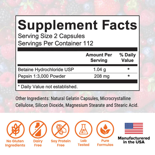 Capsules of Dr. Rajsree OC Betaine & Pepsin for digestion support after meals.