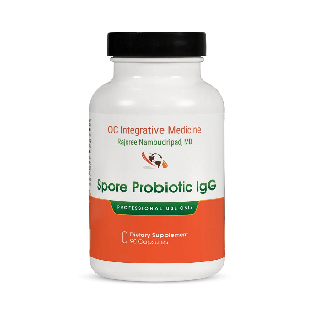 Dr. Rajsree Spore Probiotic IgG bottle front promotes gut balance and resilience.