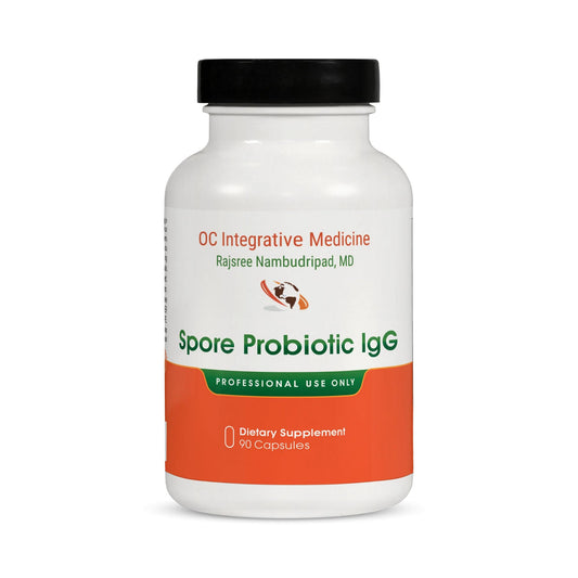 Dr. Rajsree Spore Probiotic IgG bottle front promotes gut balance and resilience.