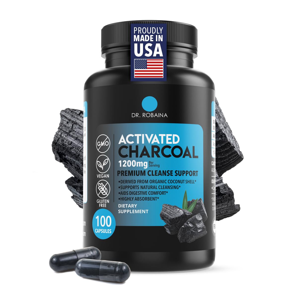 Dr. Robaina activated charcoal capsules front view for convenient digestive support after meals.