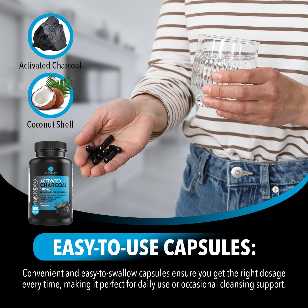 Dr. Robaina bottle on a kitchen counter for easy daily use between meals.