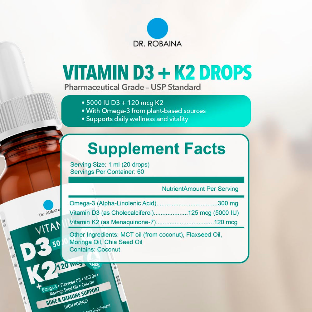Dr. Robaina D3 + K2 drops on countertop for everyday routine.