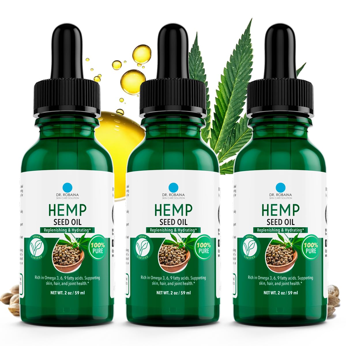 Dr. Robaina hemp seed oil bottle front showing pure formulation for skin care