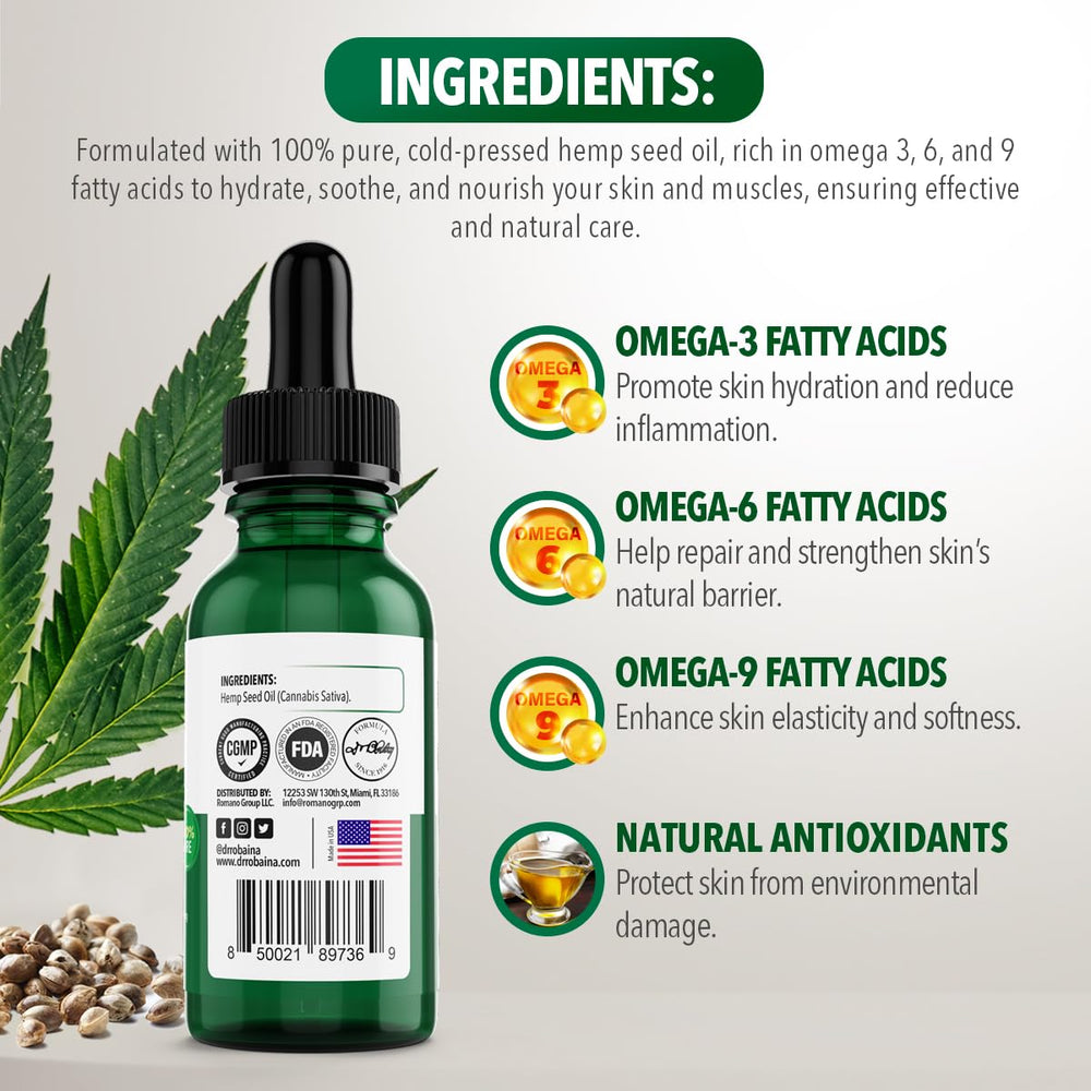 Dr. Robaina hemp seed oil applied to skin for a non-greasy, hydrated finish