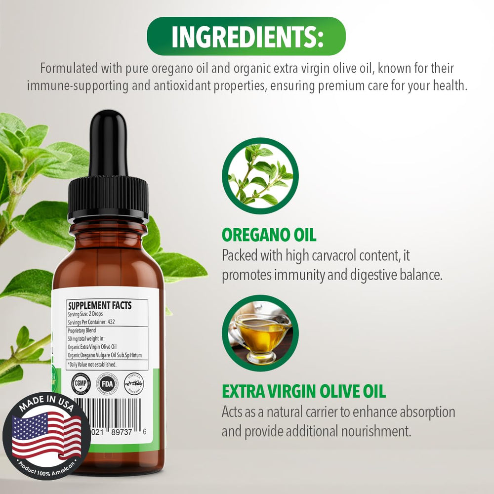 Packaging display of Dr. Robaina oregano drops, six-month supply