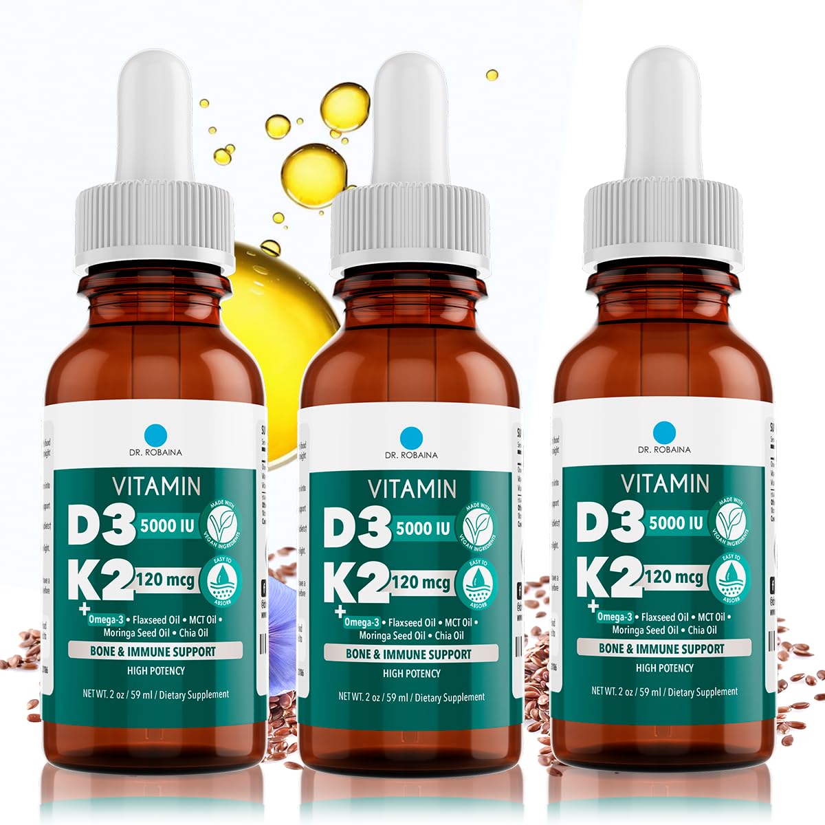 Dr. Robaina D3 + K2 drops bottle for daily vegan bone-support supplementation.