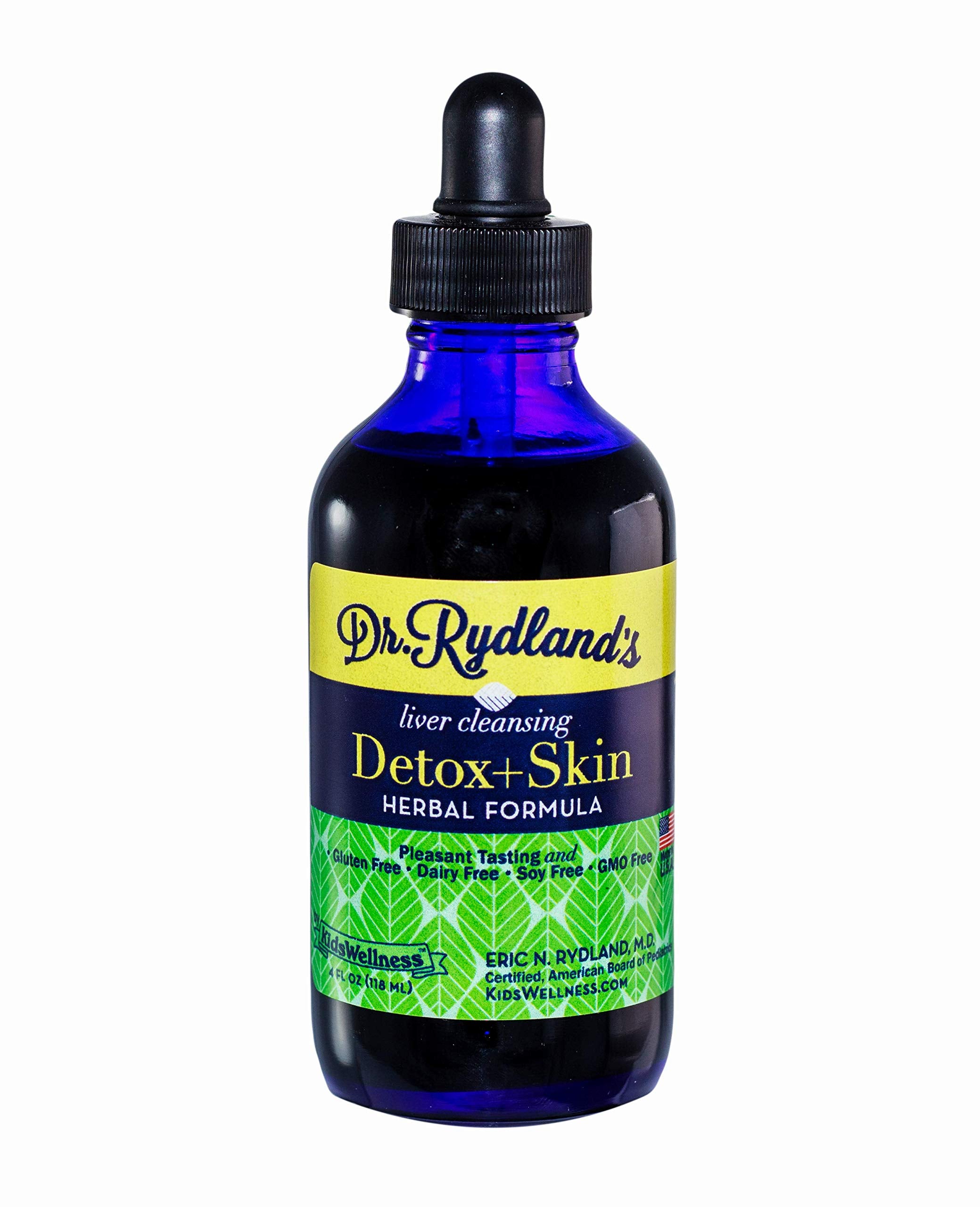Dr. Rydland's Detox & Skin bottle pour shows fast-absorption liquid for skin support