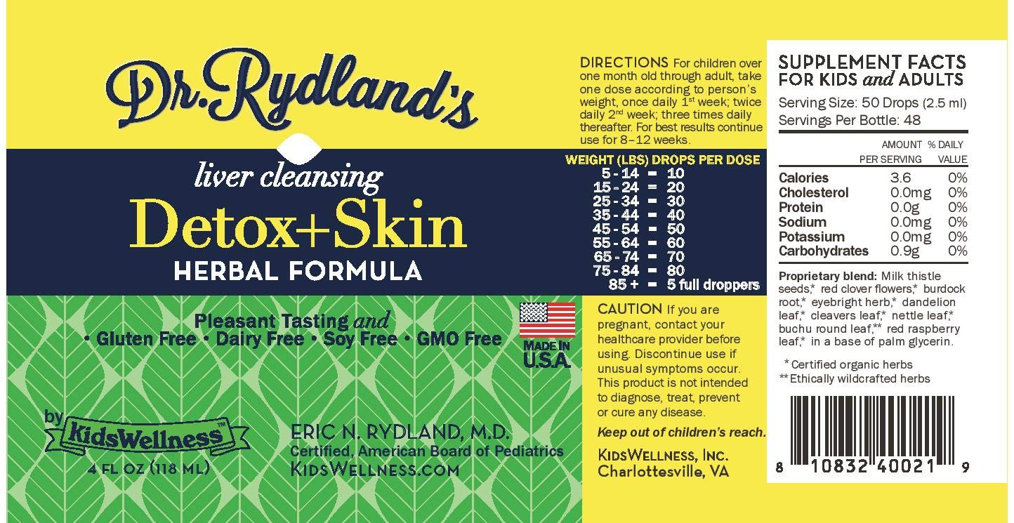 Dr. Rydland's Detox & Skin ingredients chart emphasizes organic and wild-crafted herbs