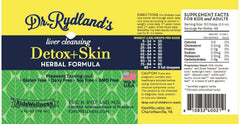 Dr. Rydland's Detox & Skin ingredients chart emphasizes organic and wild-crafted herbs