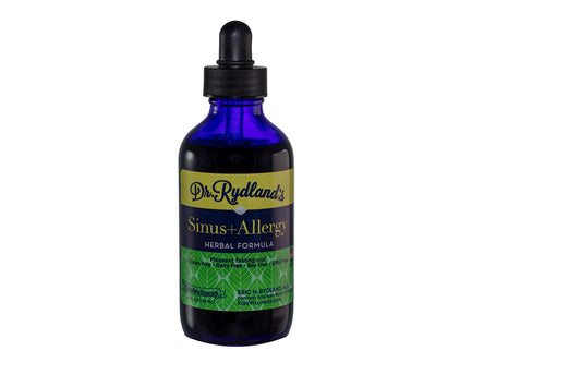 Dr. Rydland's Herbal Sinus Relief bottle close-up highlighting natural ingredients for nasal comfort.