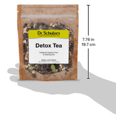 Dr. Schulze's Detox Tea label closeup emphasizes ingredients and clean sourcing.
