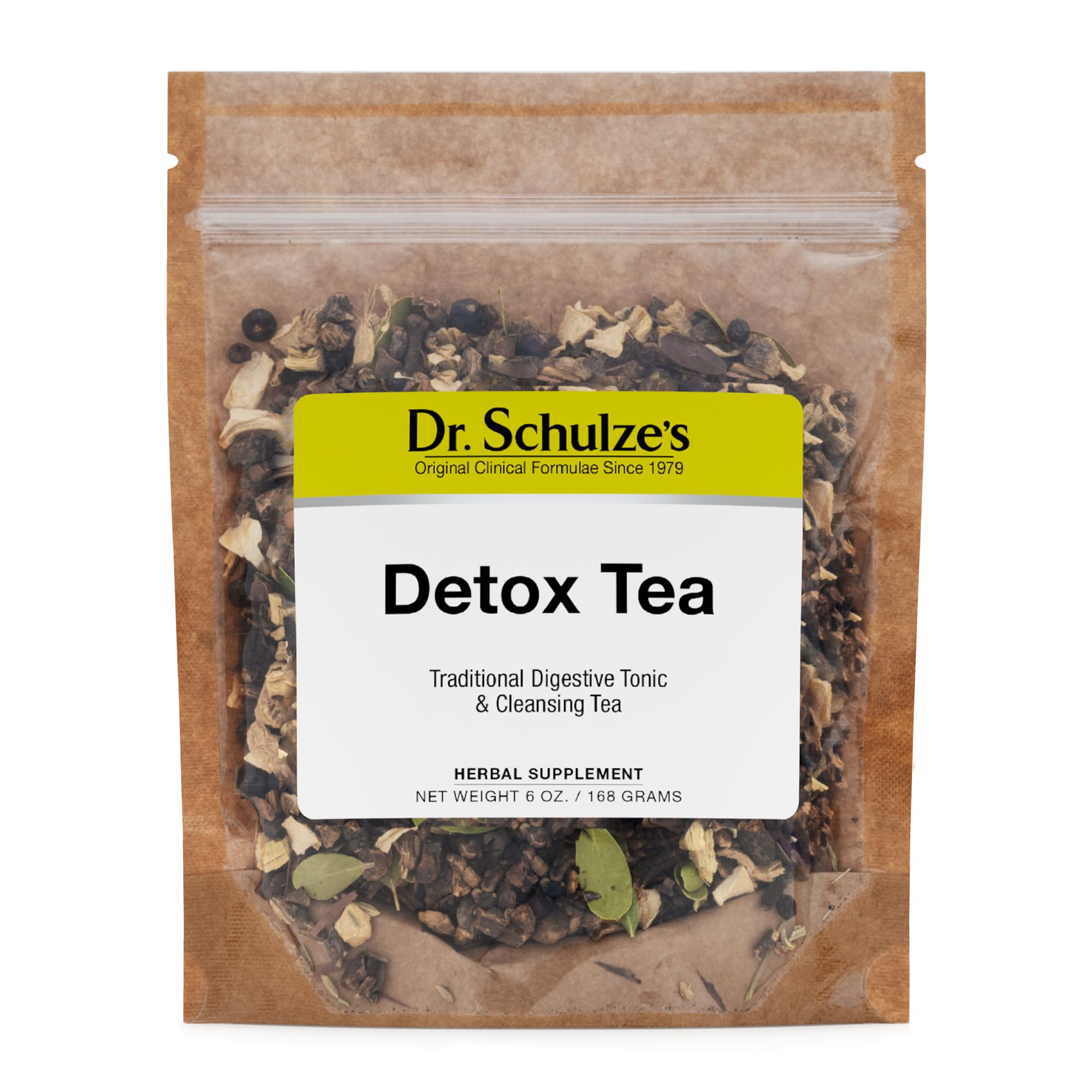 Dr. Schulze's Detox Tea packaging front highlighting a natural cleanse for digestion support.