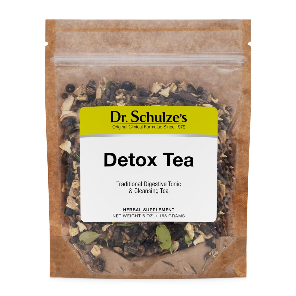 Dr. Schulze's Detox Tea packaging front highlighting a natural cleanse for digestion support.