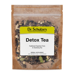 Dr. Schulze's Detox Tea packaging front highlighting a natural cleanse for digestion support.
