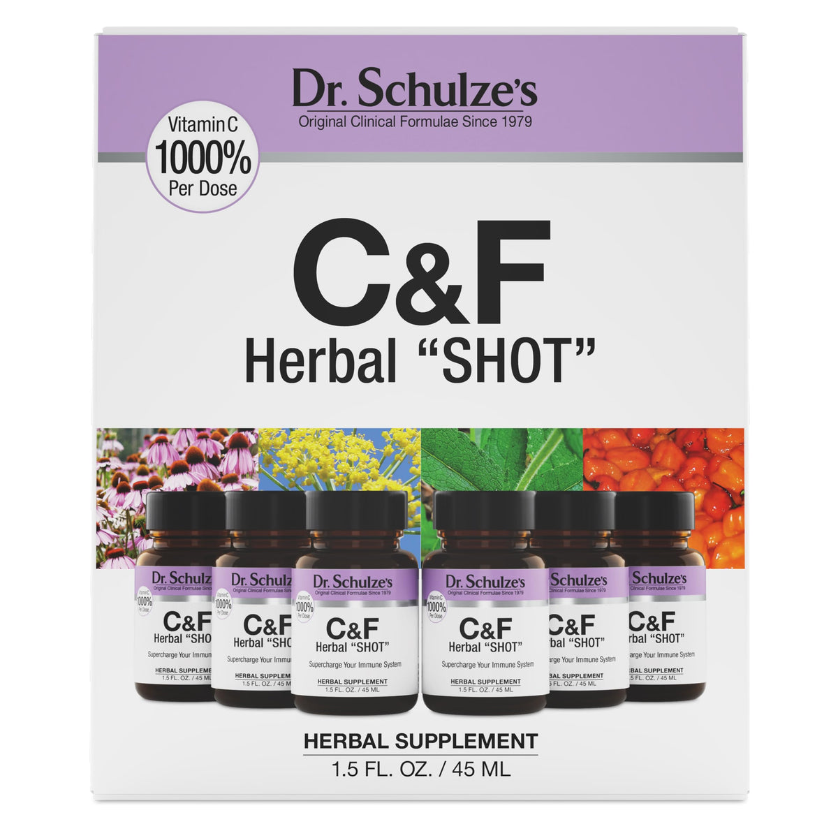 Dr. Schulze's Herbal Shot front bottle shows an organic blend for daily support