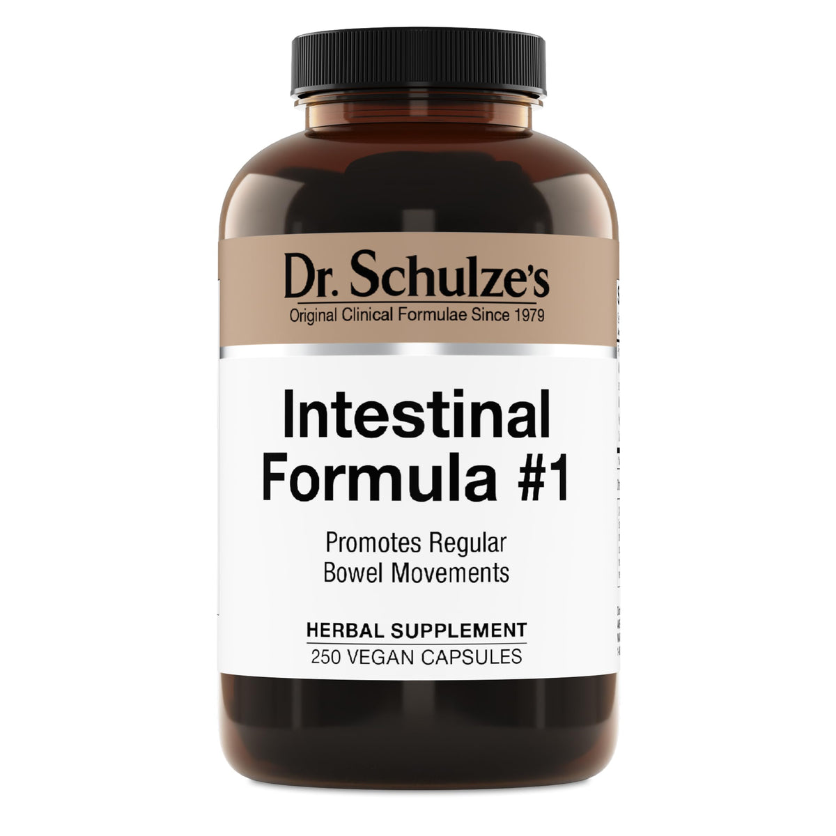 Dr. Schulze's Intestinal Formula #1 bottle pour shows plant-based bowel support for daily wellness.