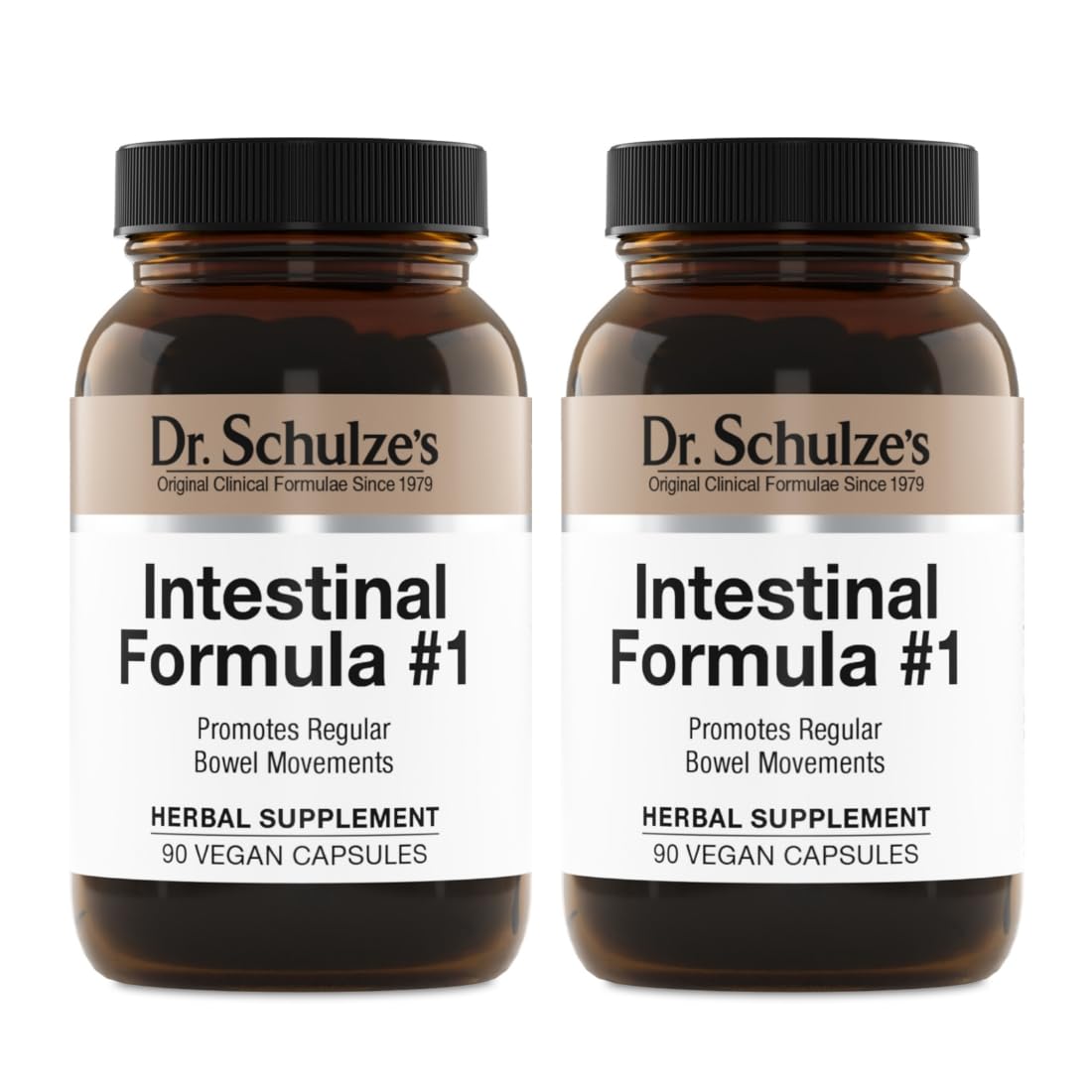 Dr. Schulze's Intestinal Formula 1 bottle and capsules suggest plant-based colon cleansing