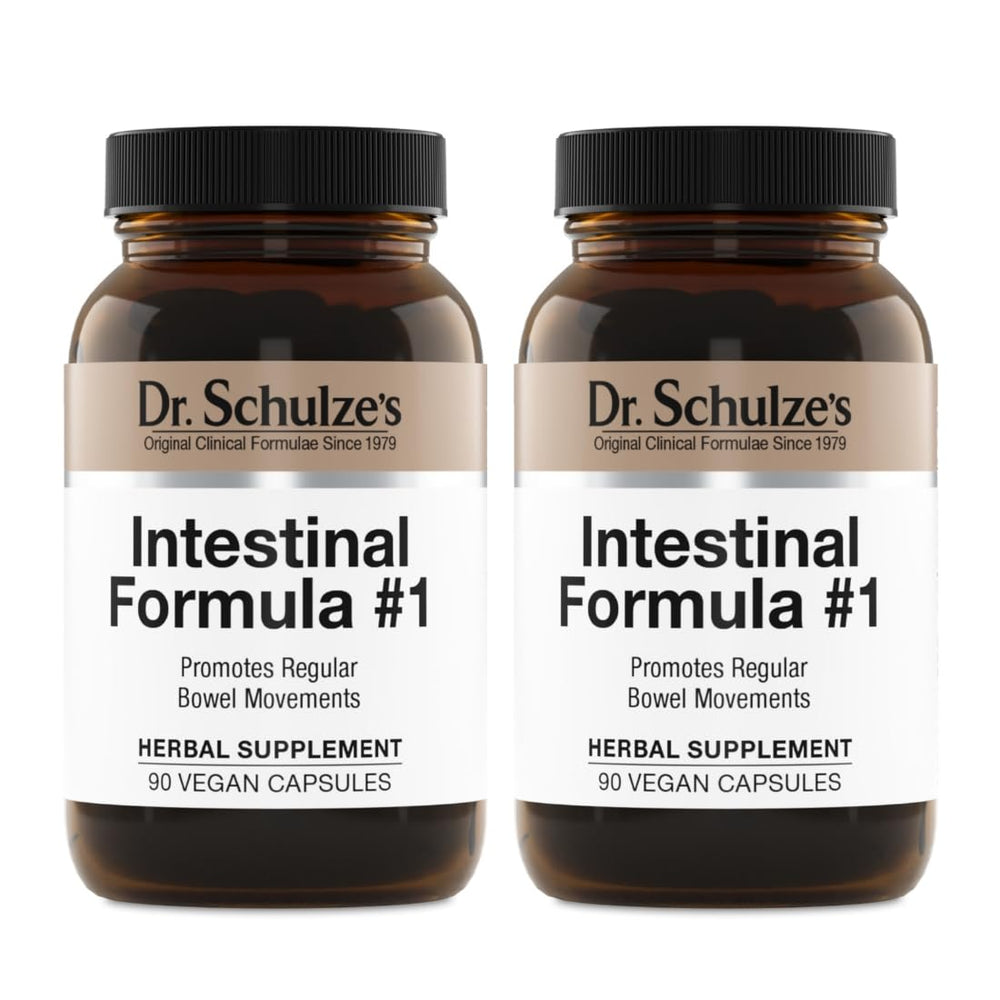 Dr. Schulze's Intestinal Formula 1 bottle and capsules suggest plant-based colon cleansing