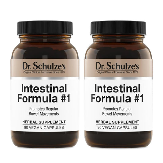 Dr. Schulze's Intestinal Formula 1 bottle and capsules suggest plant-based colon cleansing