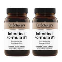 Dr. Schulze's Intestinal Formula 1 bottle and capsules suggest plant-based colon cleansing
