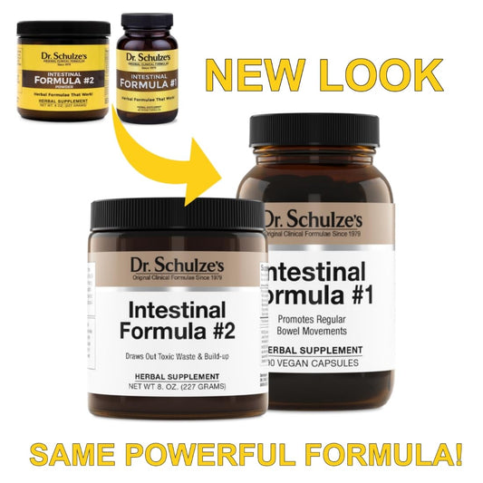 Dr. Schulze's Intestinal Formula #1 capsules bottle front showing daily elimination potential.