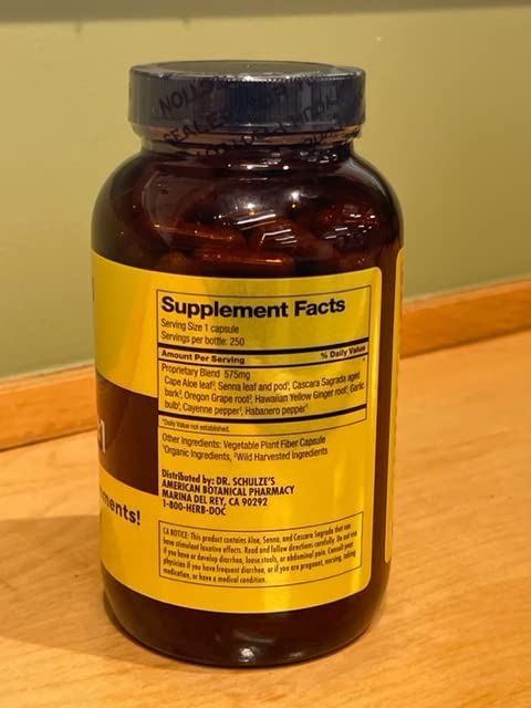 Dr. Schulze's Intestinal Formula #1 capsules—count demonstrates convenient constipation support in daily routine.
