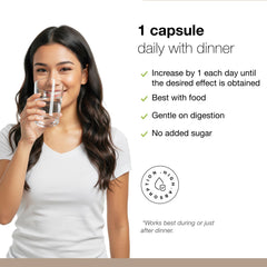 Dosing directions on packaging show starting with one capsule daily with meals