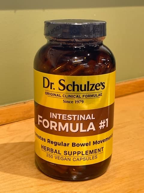 Close-up label of Dr. Schulze's Intestinal Formula #1 highlighting herbal vegan gluten-free formula.