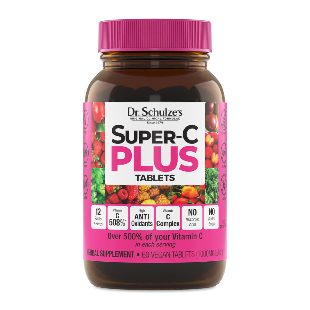 Dr. Schulze's Super-C Plus bottle front with plant-based vitamin C in focus.