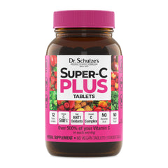 Dr. Schulze's Super-C Plus bottle front with plant-based vitamin C in focus.