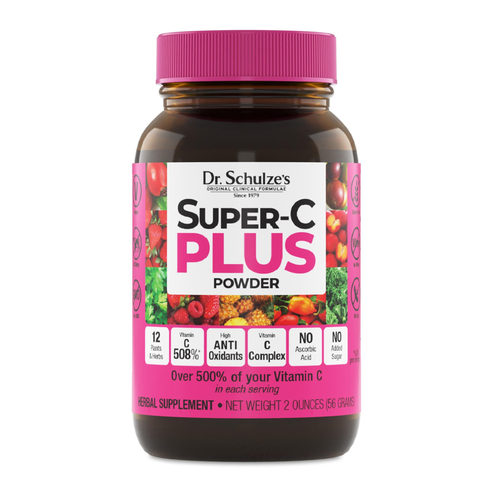 Dr. Schulze's Super-C Plus bottle pour showing easy daily immune support.
